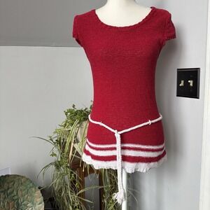 Vintage Red White Preppy Nautical Rope Belted Tunic Sweater East‎ Coast Sz Large